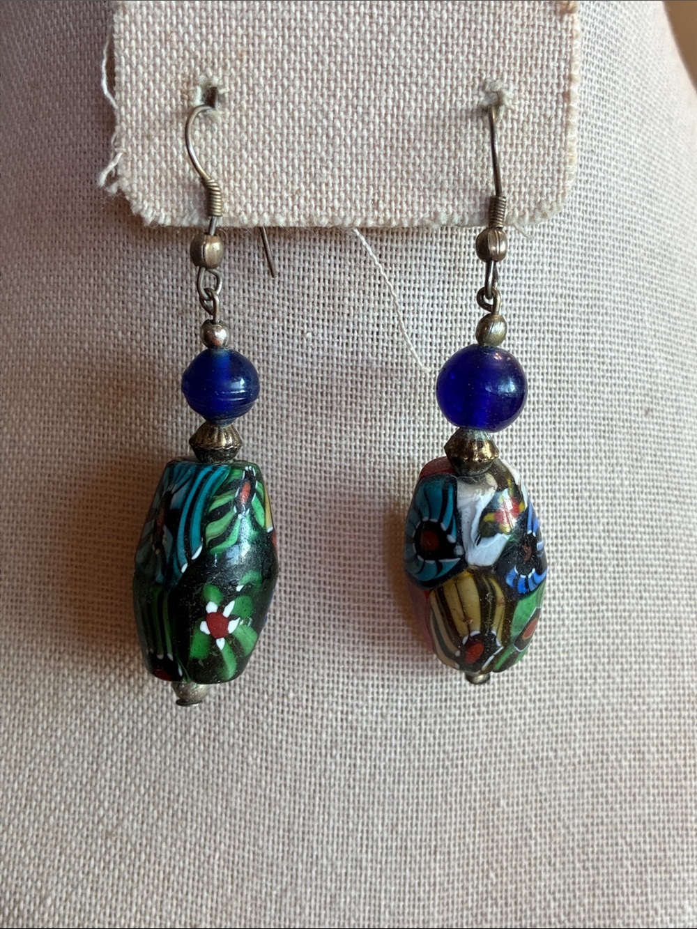 Blue Multicolor Millefiori Glass Drop Earrings